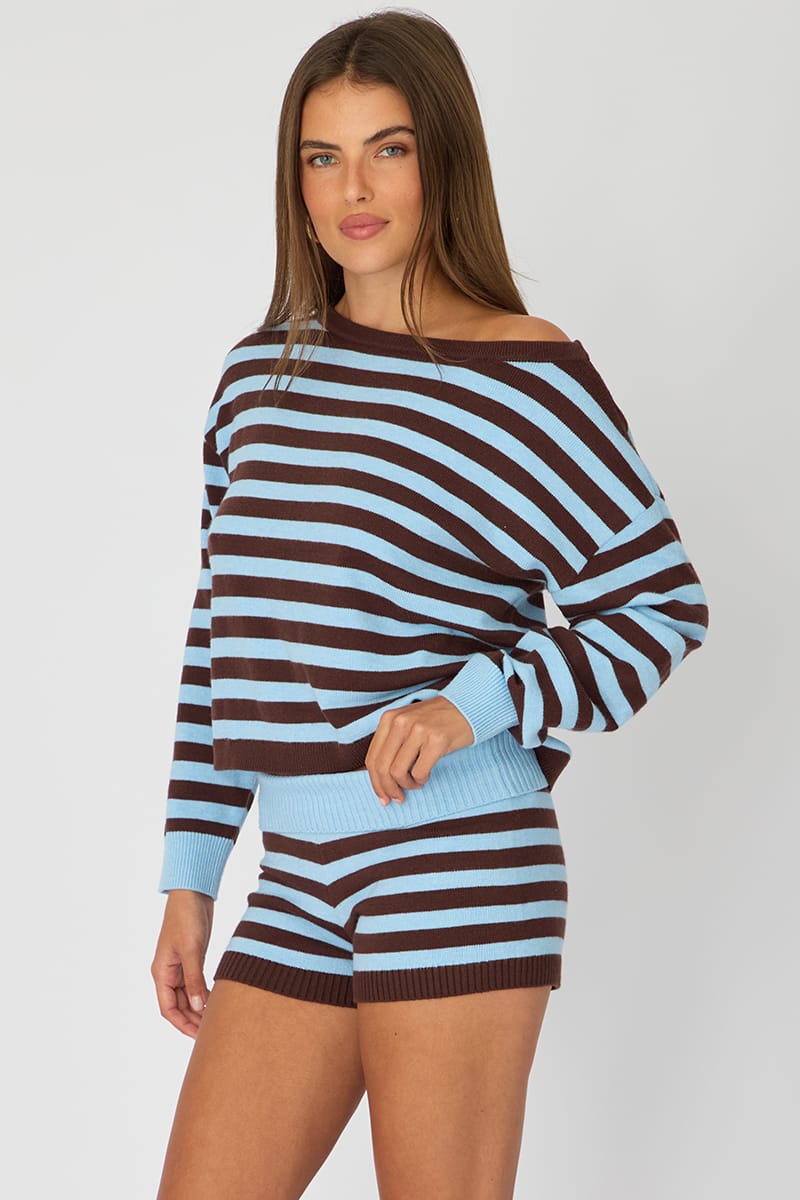 Multi Stripe Knit Shorts Folded Waist for Ally Fashion