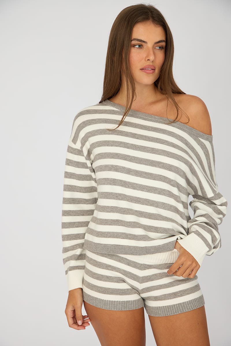 Grey Stripe Knit Shorts Folded Waist for Ally Fashion