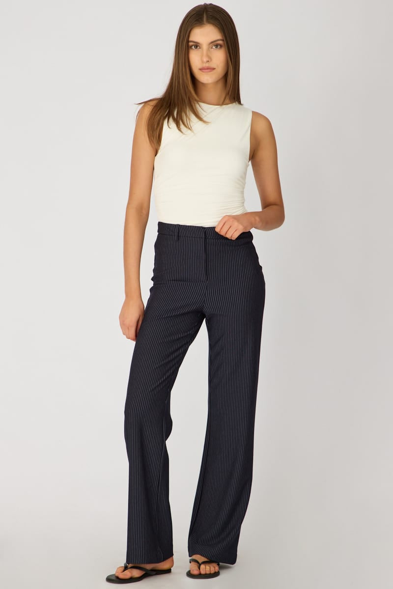 Blue Stripe Mid Rise Tailored Ponte Pants for Ally Fashion