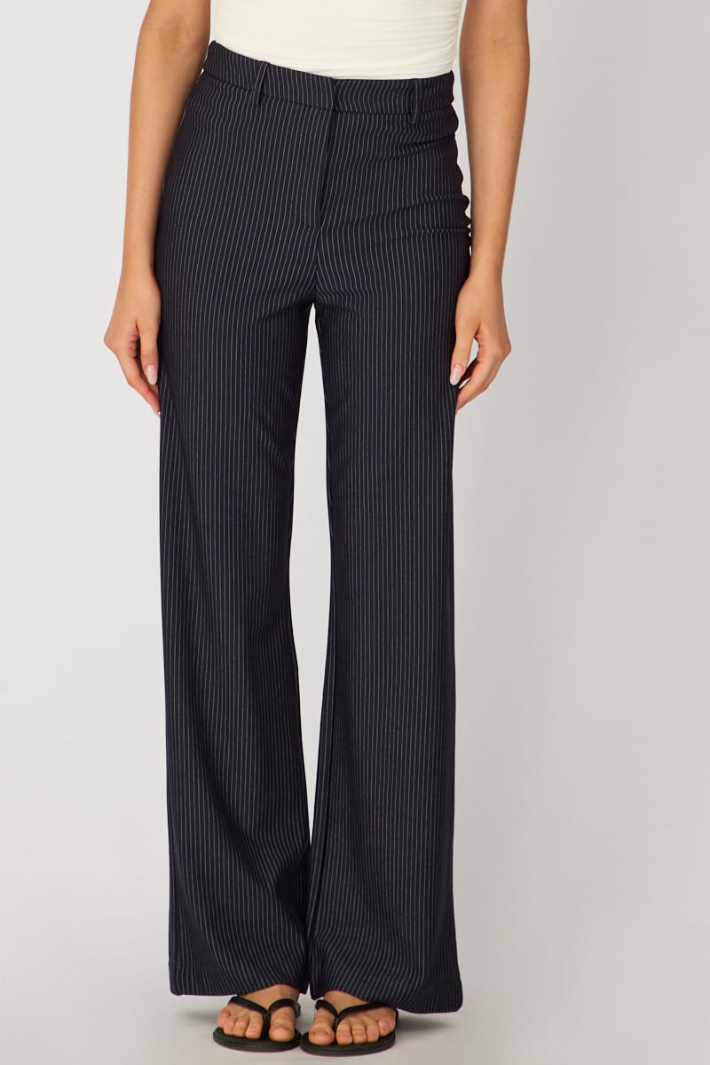 Blue Stripe Mid Rise Tailored Ponte Pants for Ally Fashion