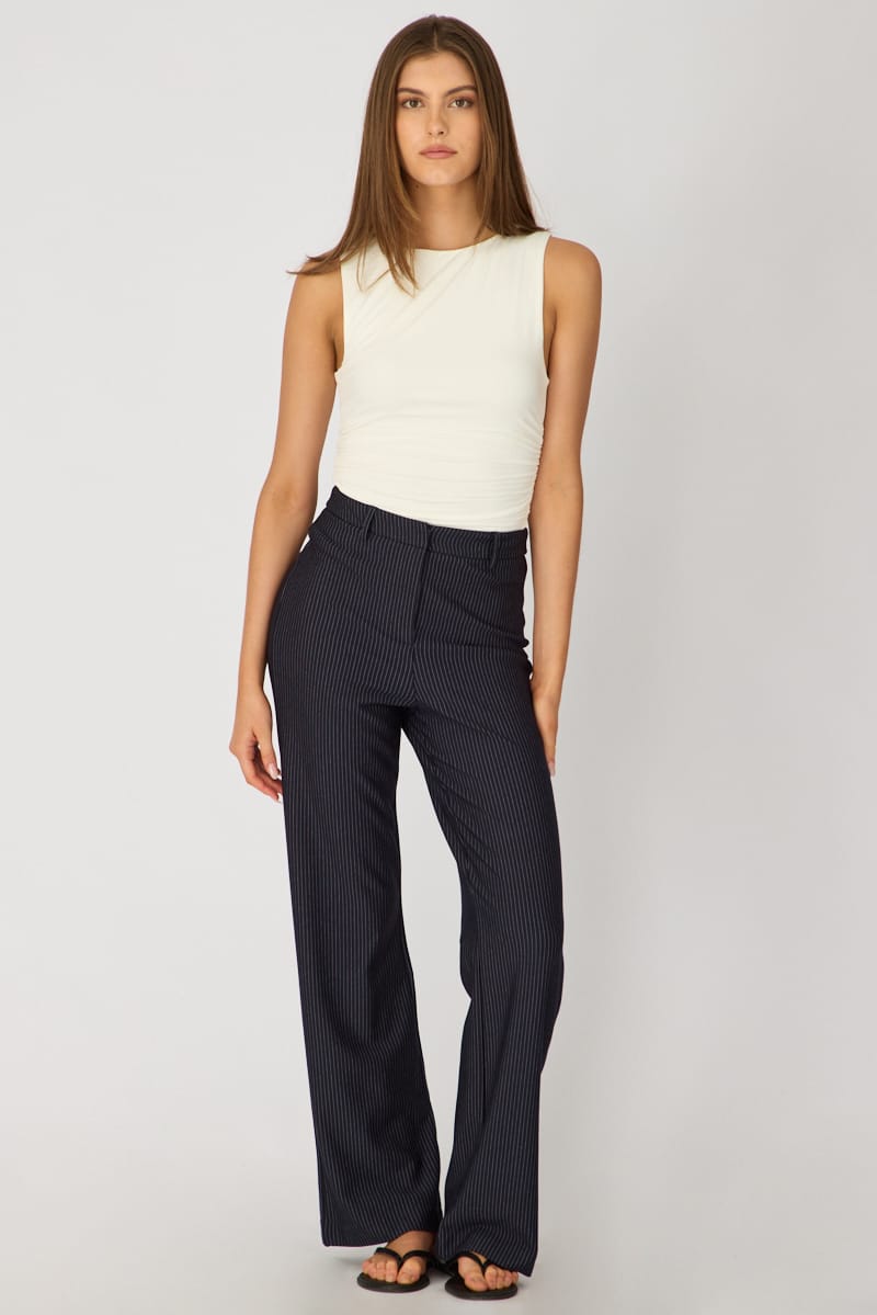 Blue Stripe Mid Rise Tailored Ponte Pants for Ally Fashion