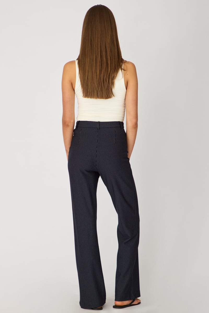 Blue Stripe Mid Rise Tailored Ponte Pants for Ally Fashion