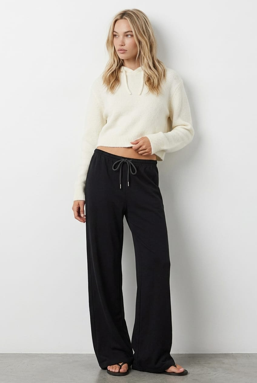 Black Tie-Waist Wide-Leg Sweat Pants from Ally Fashion