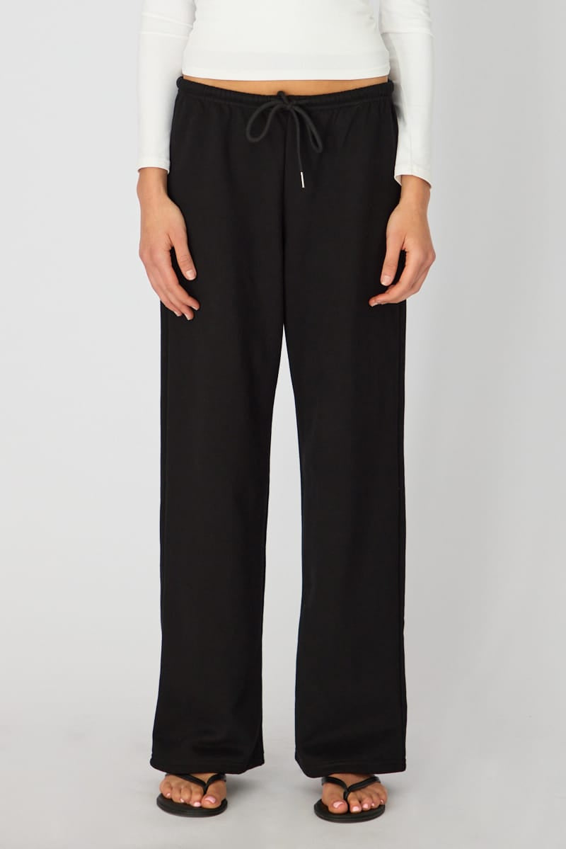Black Tie Waist Wide Leg Sweat Pants for Ally Fashion