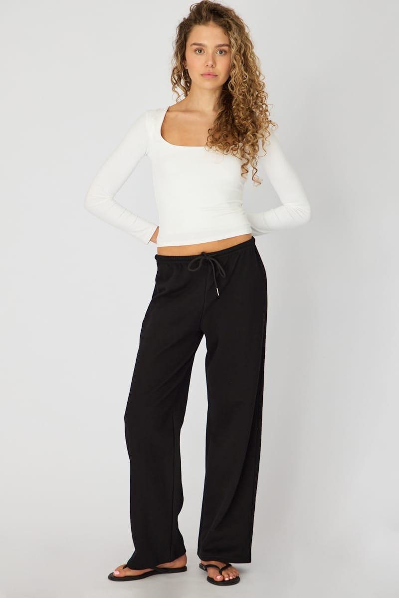 Black Tie Waist Wide Leg Sweat Pants for Ally Fashion