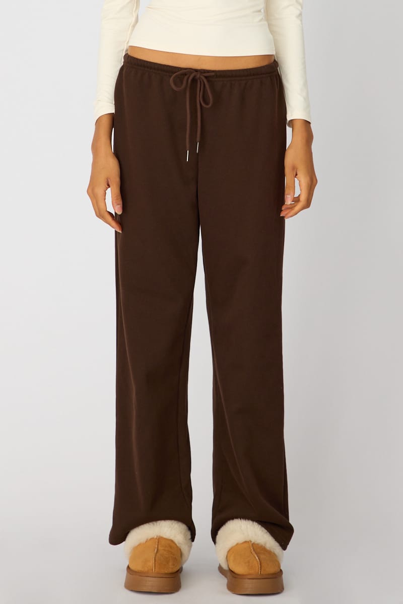 Brown Tie Waist Wide Leg Sweat Pants for Ally Fashion