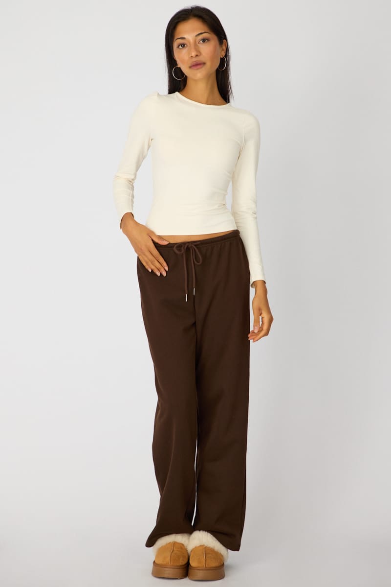 Brown Tie Waist Wide Leg Sweat Pants for Ally Fashion