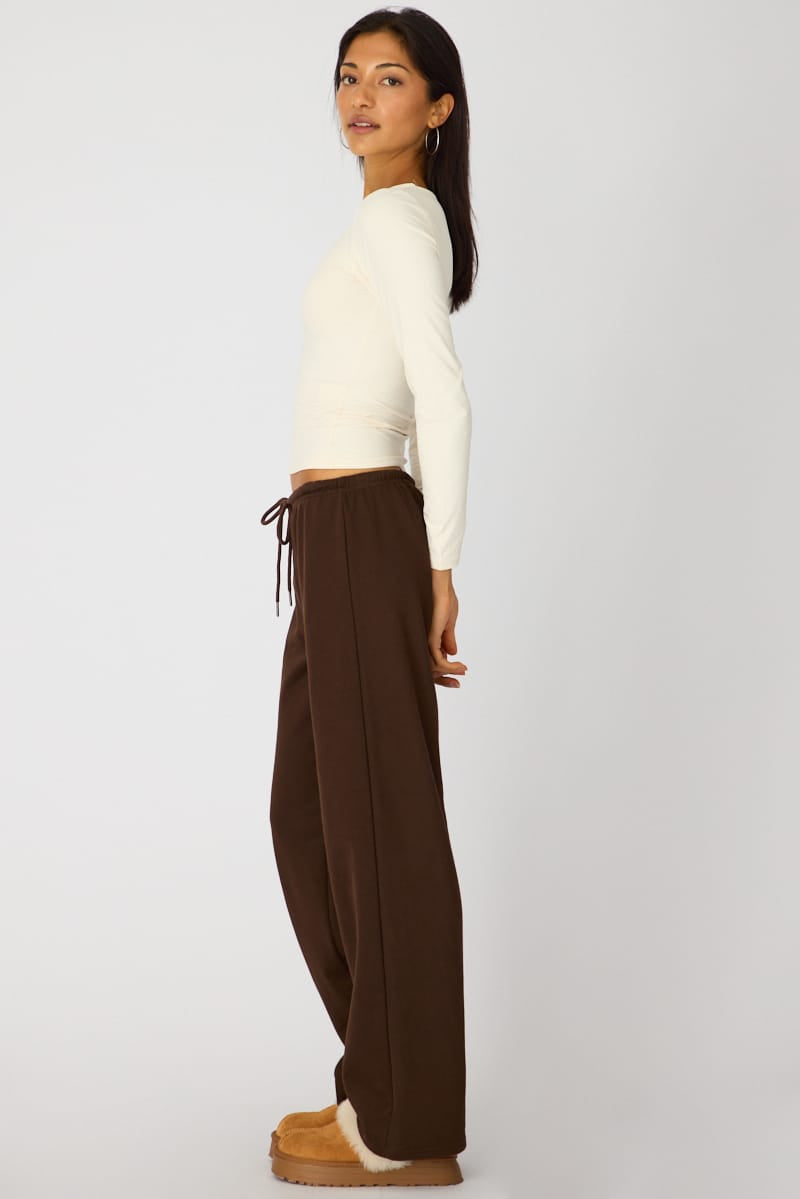 Brown Tie Waist Wide Leg Sweat Pants for Ally Fashion