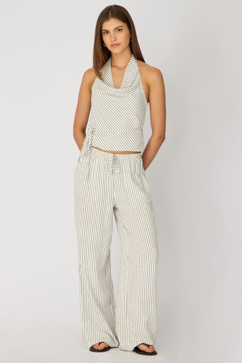 White Stripe Wide Leg Pants Elasticated for Ally Fashion