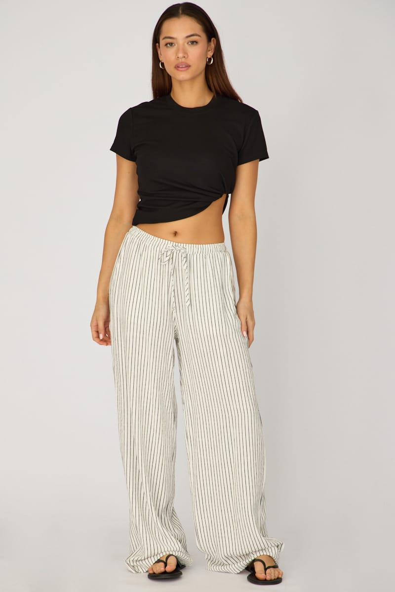 White Stripe Wide Leg Pants Elasticated for Ally Fashion