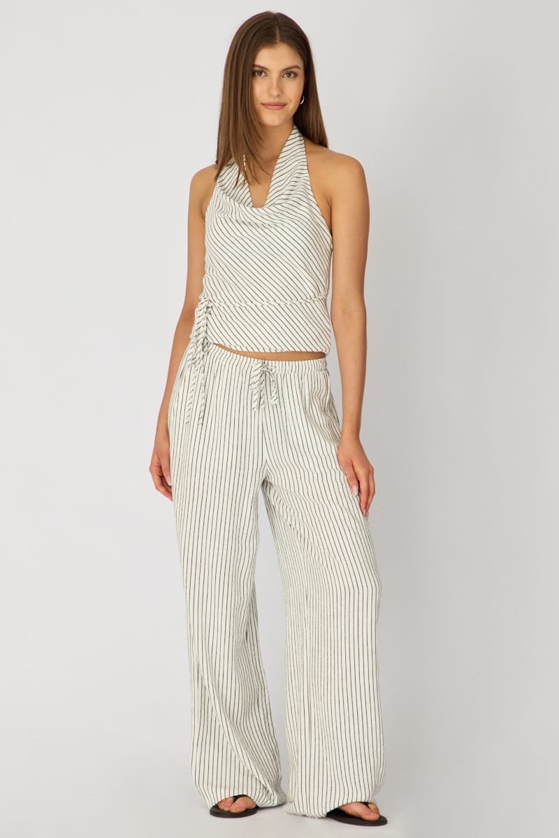 White Stripe Wide Leg Pants Elasticated for Ally Fashion