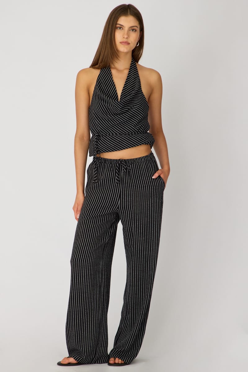 Black Stripe Wide Leg Pants Elasticated for Ally Fashion