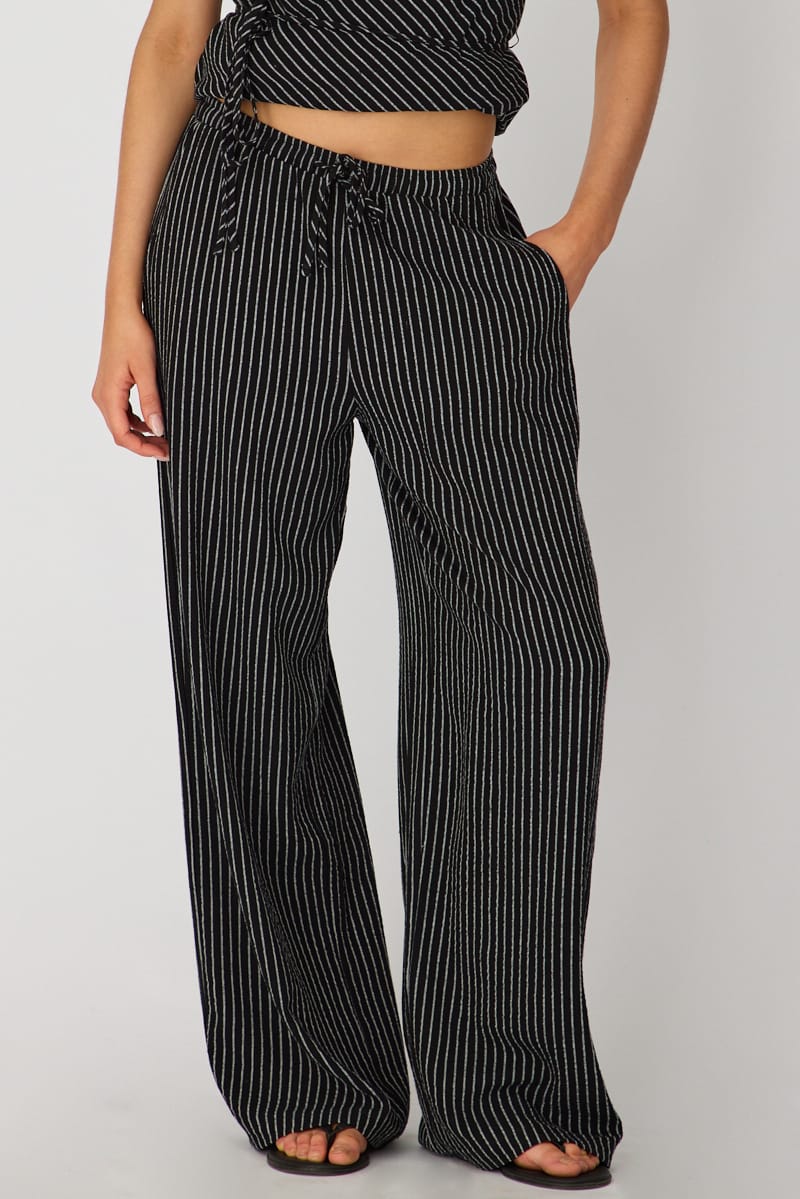 Black Stripe Wide Leg Pants Elasticated for Ally Fashion
