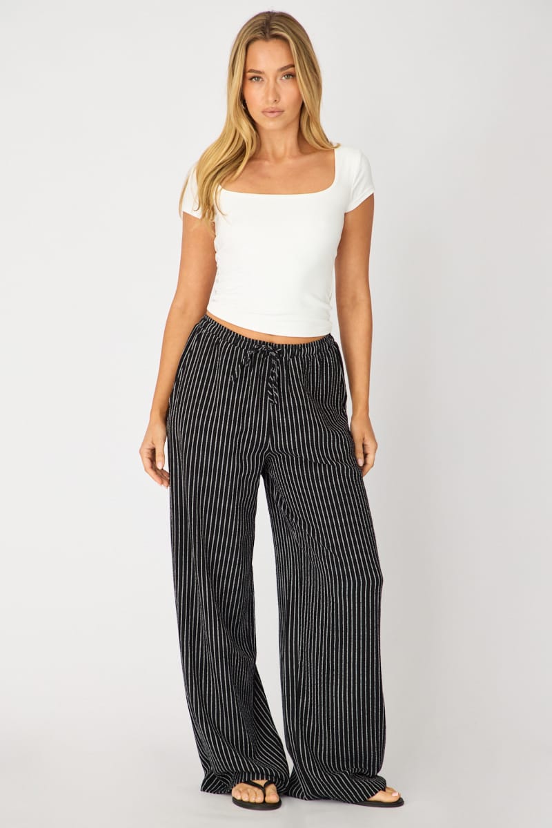 Black Stripe Wide Leg Pants Elasticated for Ally Fashion
