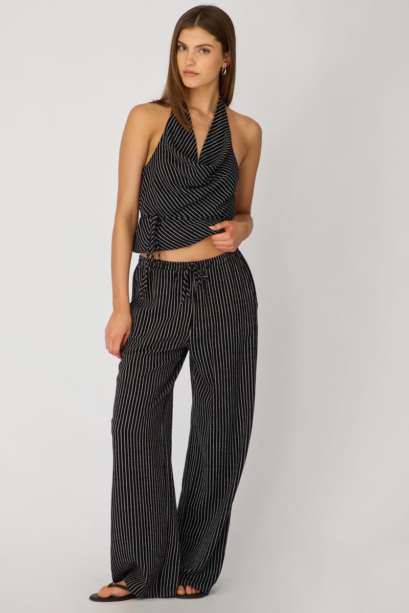 Black Stripe Wide Leg Pants Elasticated for Ally Fashion