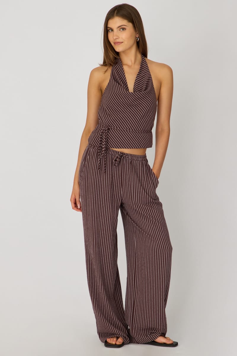 Brown Stripe Wide Leg Pants Elasticated for Ally Fashion