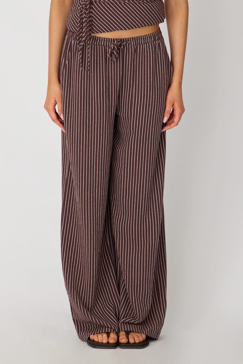 Brown Stripe Wide Leg Pants Elasticated for Ally Fashion