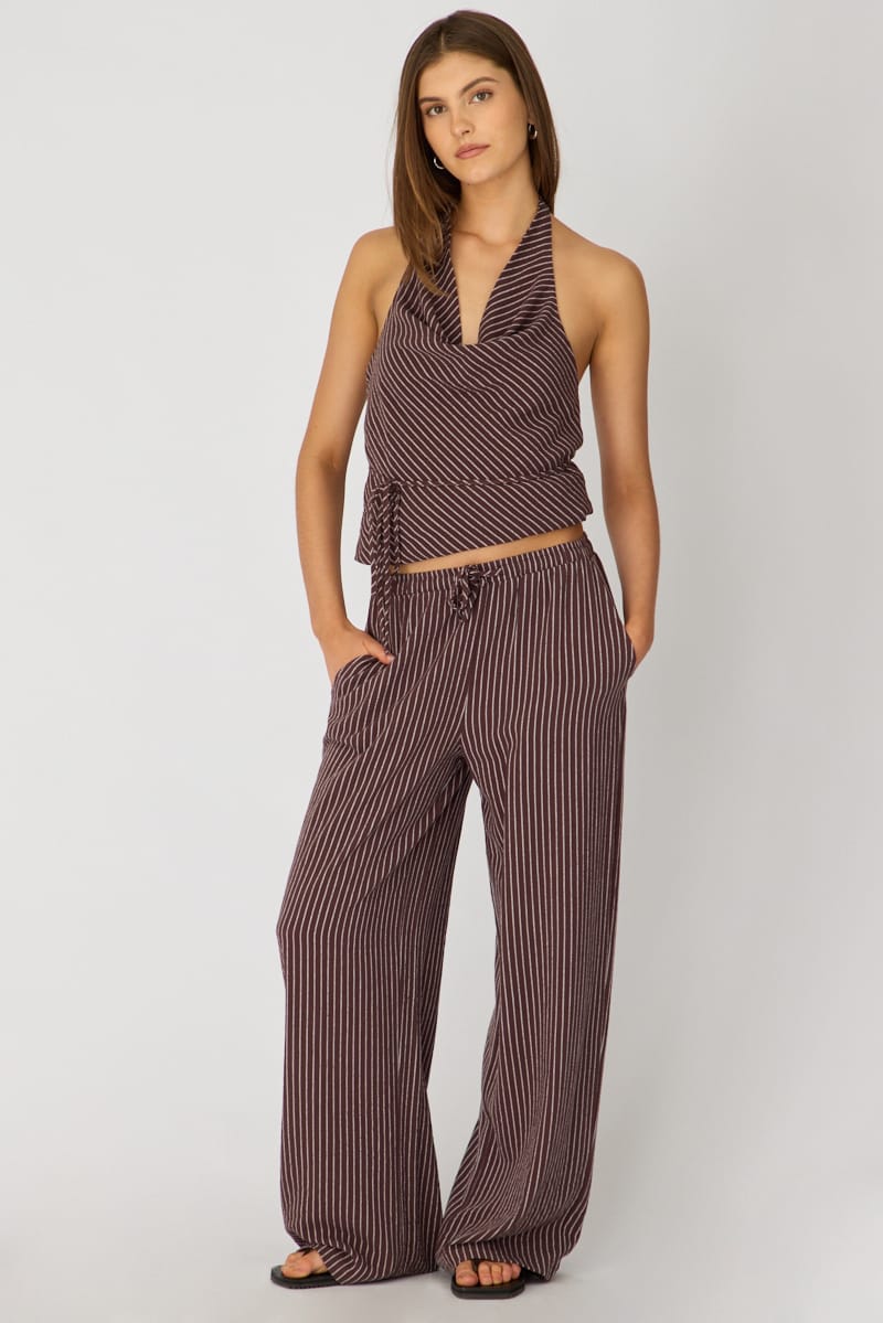 Brown Stripe Wide Leg Pants Elasticated for Ally Fashion