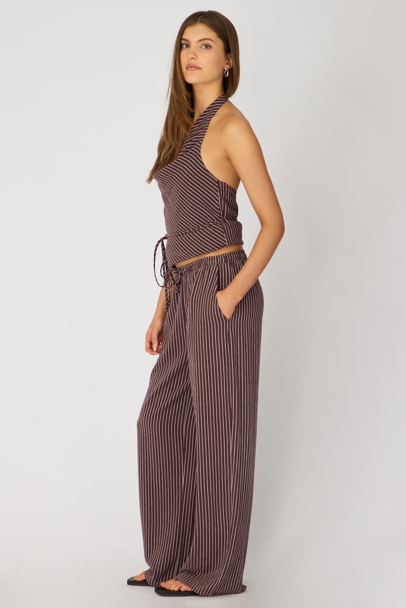 Brown Stripe Wide Leg Pants Elasticated for Ally Fashion