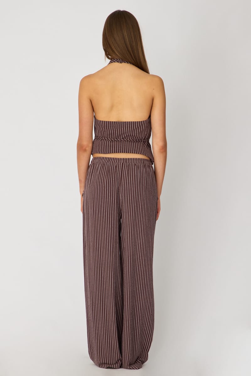 Brown Stripe Wide Leg Pants Elasticated for Ally Fashion