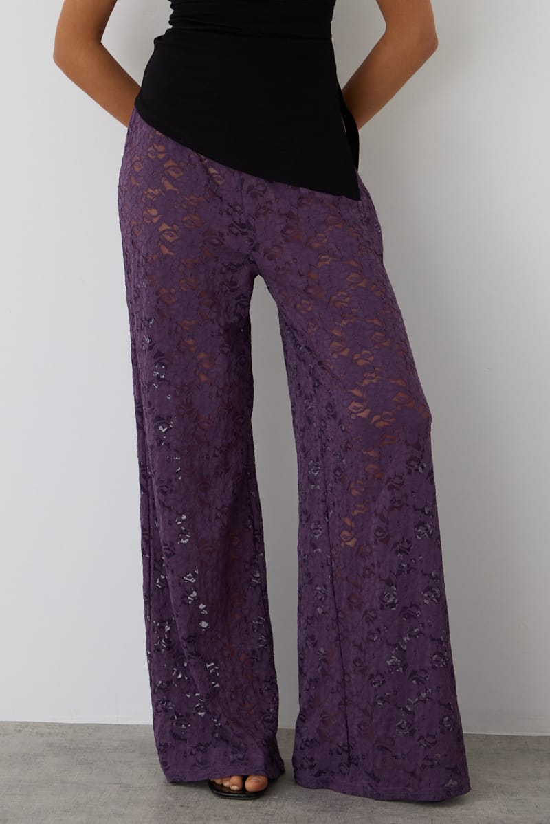 Purple Wide Leg Pants Lace for Ally Fashion