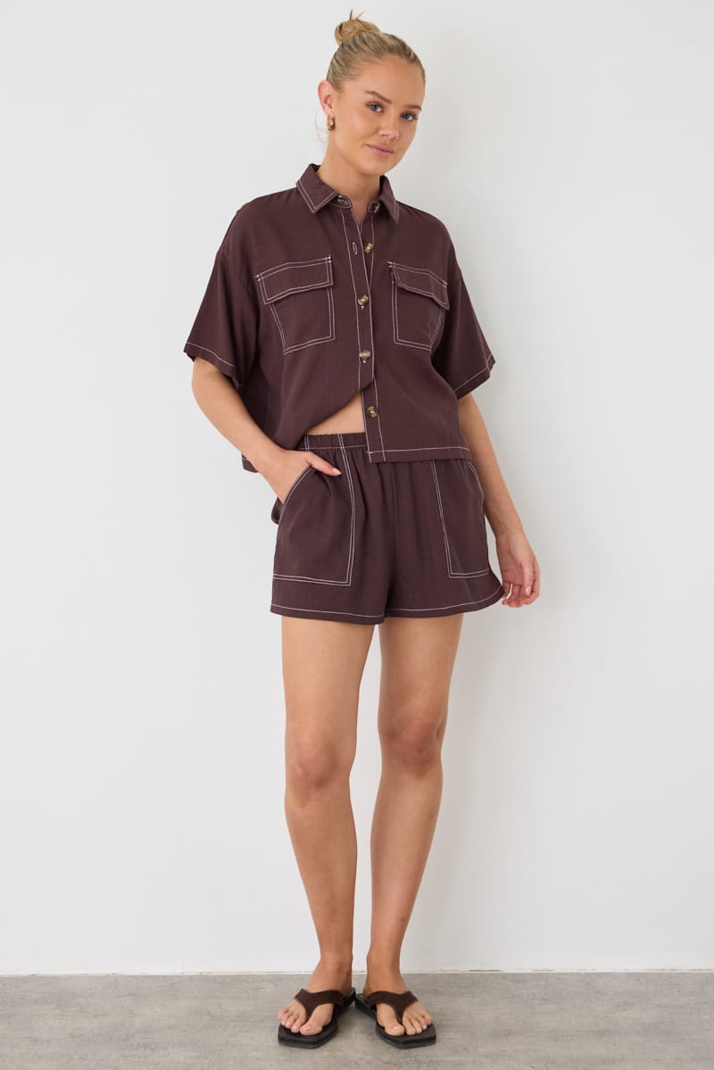 Brown Shorts Contrast Stitch for Ally Fashion