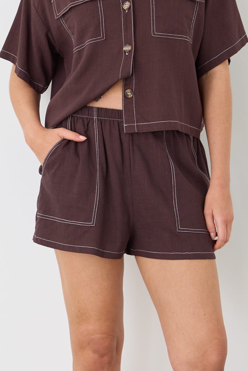 Brown Shorts Contrast Stitch for Ally Fashion