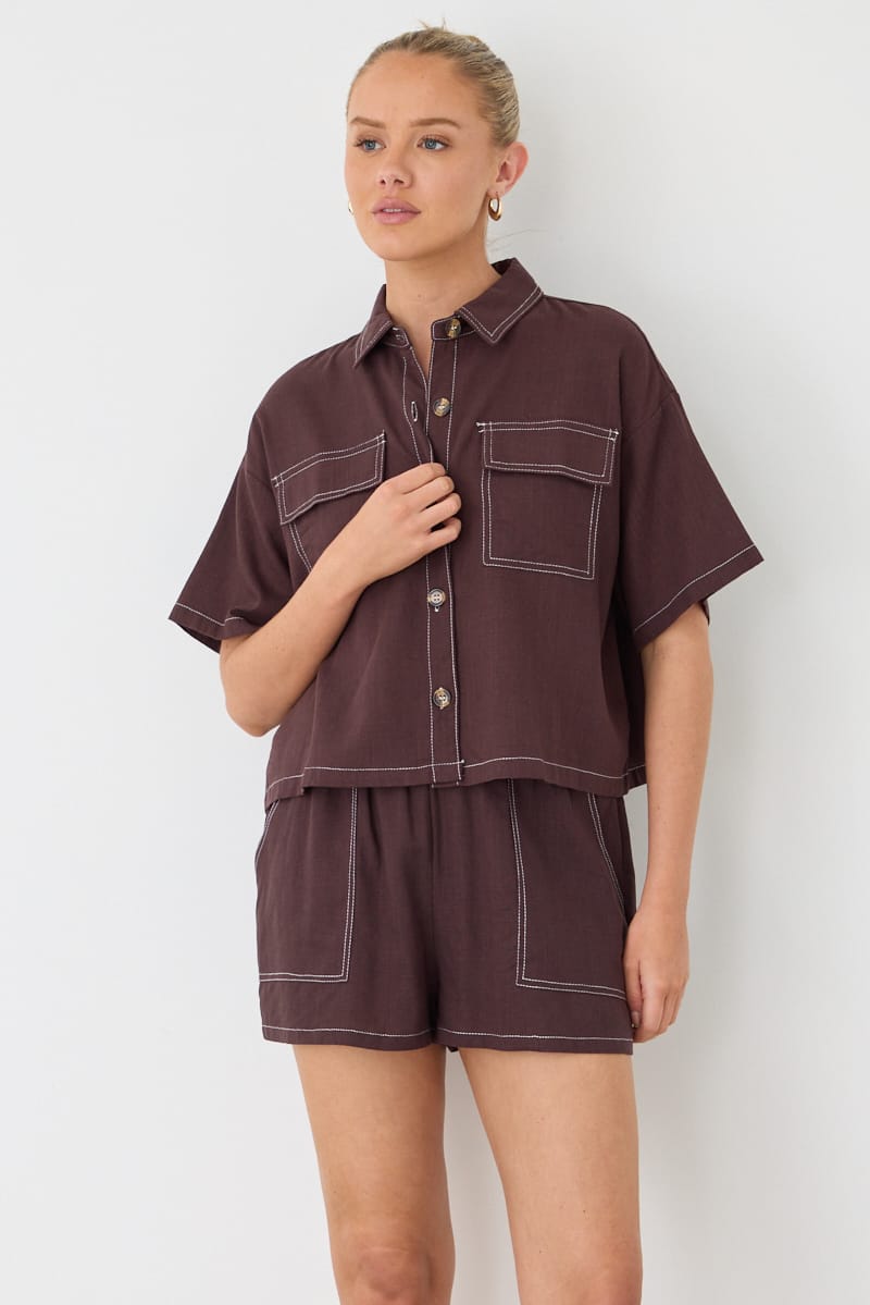 Brown Shorts Contrast Stitch for Ally Fashion