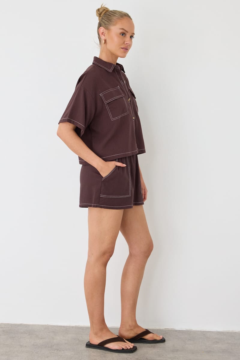 Brown Shorts Contrast Stitch for Ally Fashion