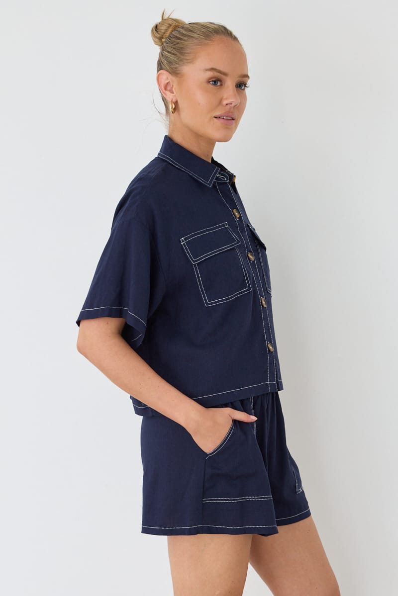 Blue Shorts Contrast Stitch for Ally Fashion