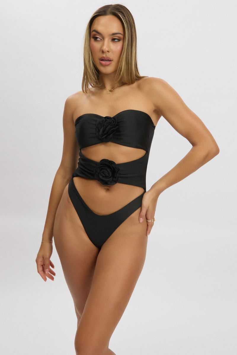 Black Cut Out Rosette One Piece Swimsuit for Ally Fashion