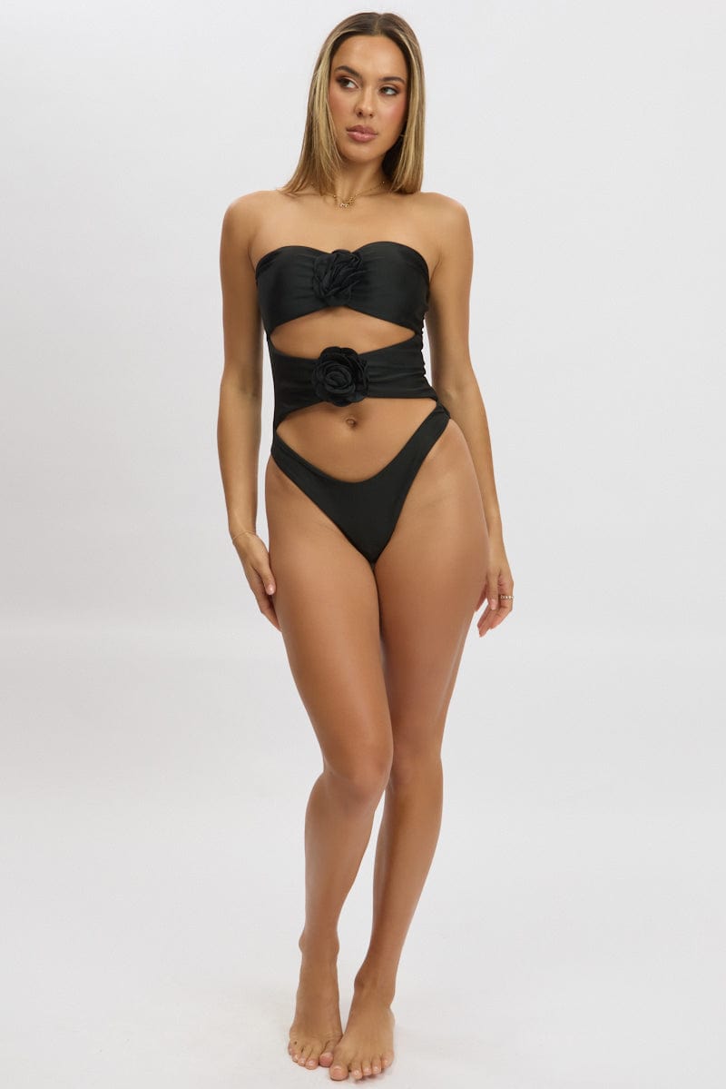 Black Cut Out Rosette One Piece Swimsuit for Ally Fashion