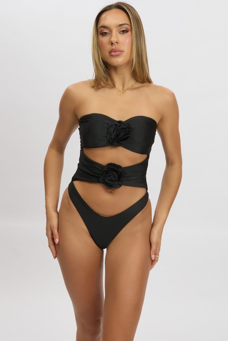 Black Cut Out Rosette One Piece Swimsuit for Ally Fashion