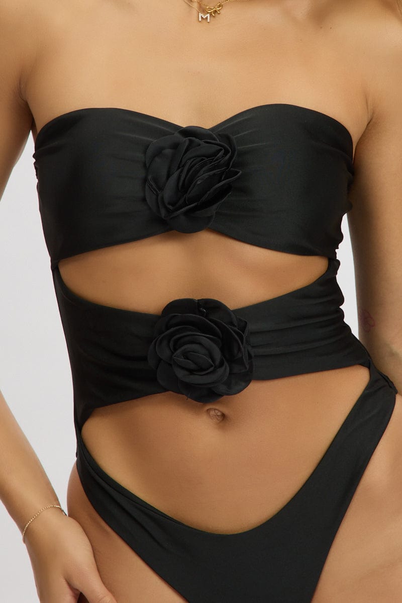 Black Cut Out Rosette One Piece Swimsuit for Ally Fashion