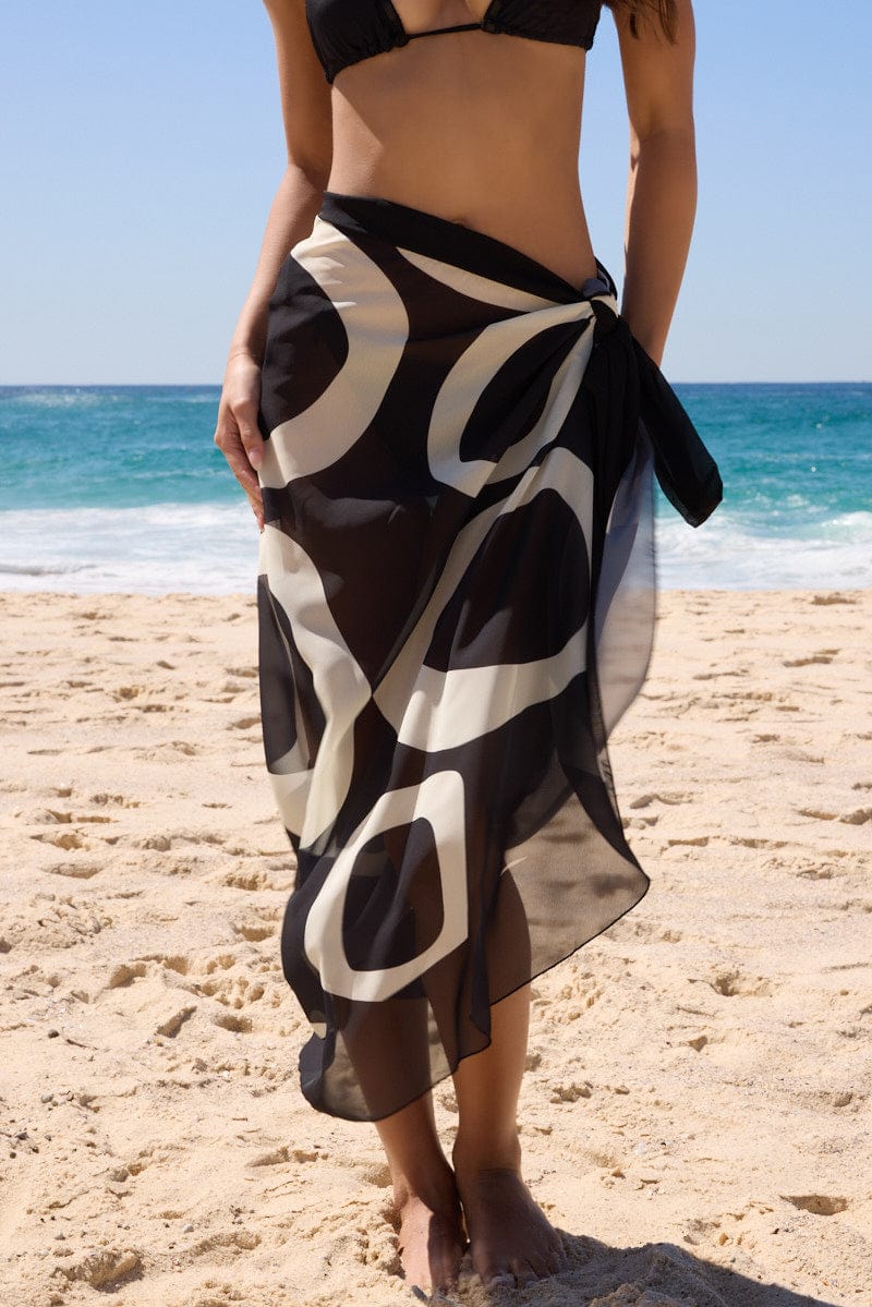 Black Print Oversized Beach Sarong Beach Skirt for Ally Fashion