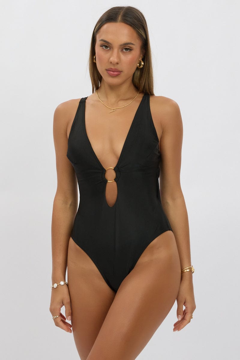 Black Ring Detail One Piece Swimsuit for Ally Fashion