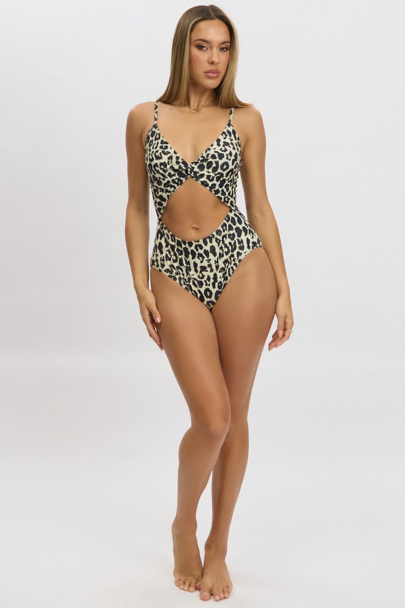 Brown Animal Print Cut Out One Piece Swimsuit for Ally Fashion