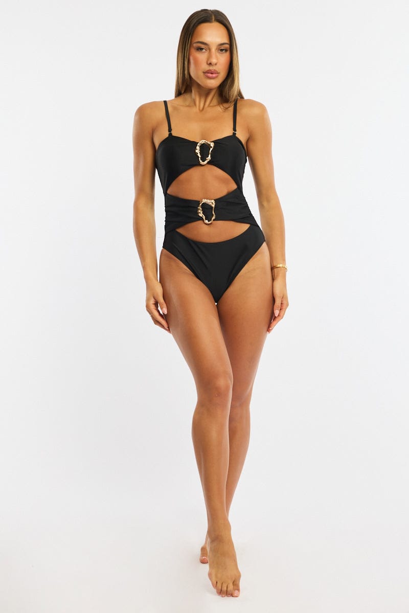 Black Metal Hardware Detail One Piece Swimsuit for Ally Fashion