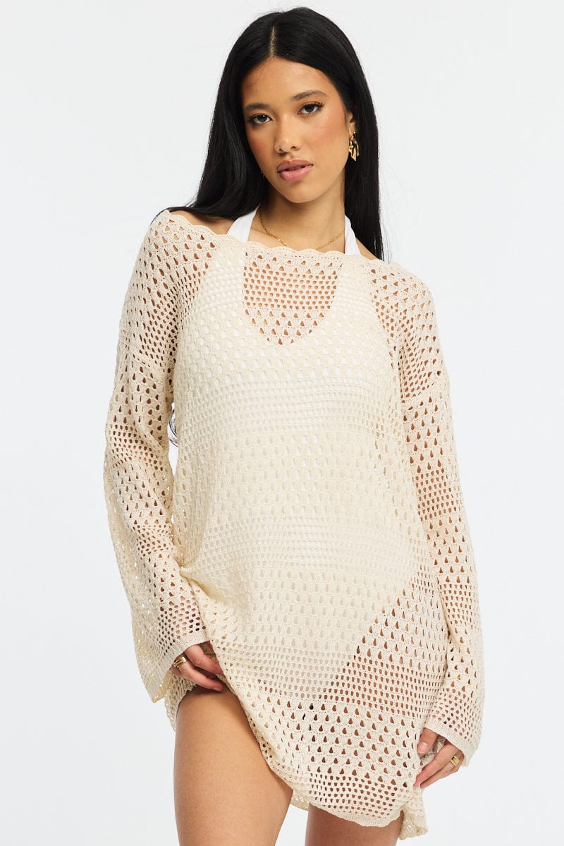 Beige Beach Dress Cover Up Long Sleeve for Ally Fashion