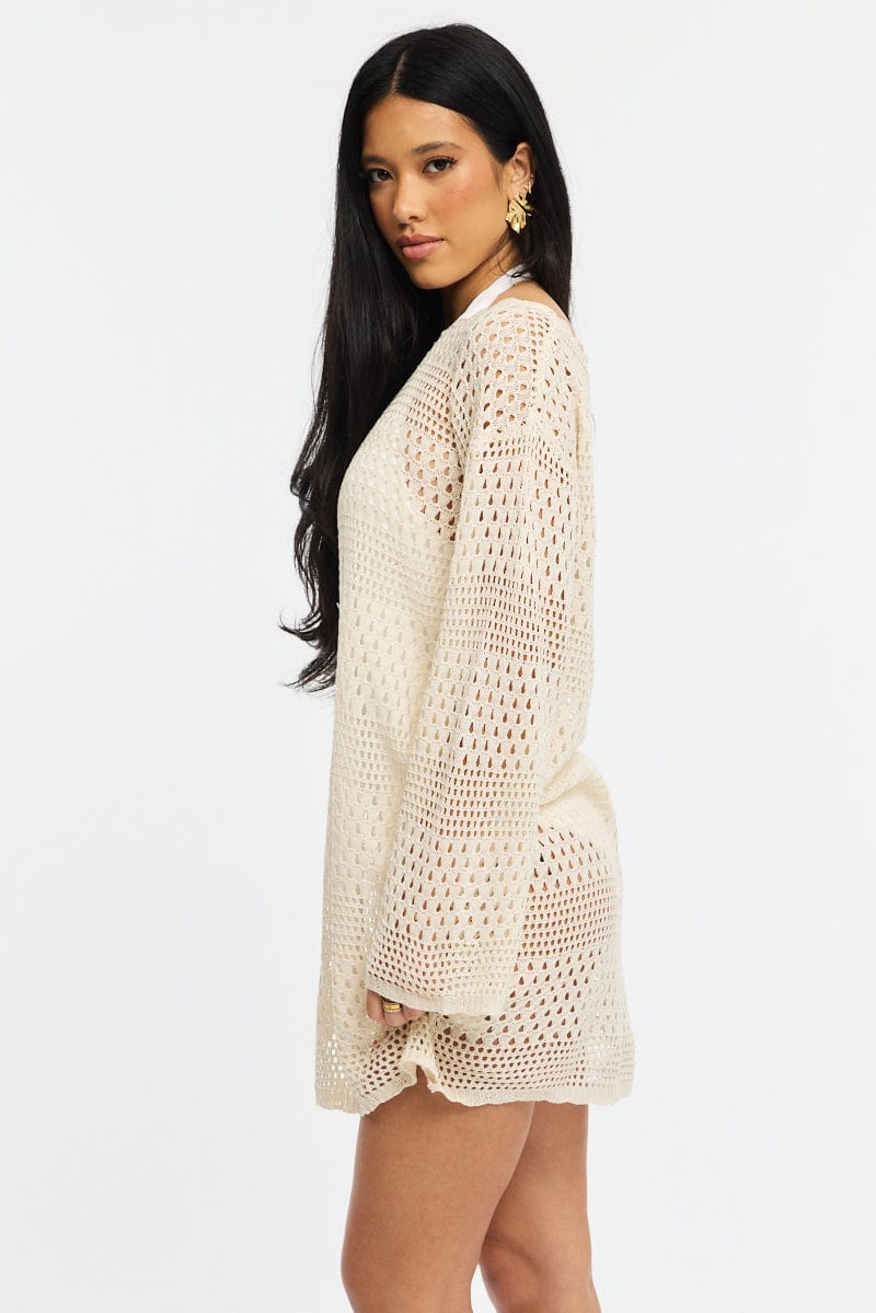 Beige Beach Dress Cover Up Long Sleeve for Ally Fashion