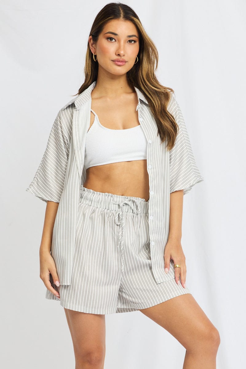 Grey Stripe Beach Set Shirt And Shorts for Ally Fashion