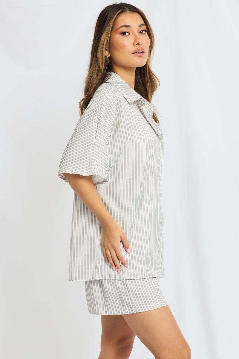 Grey Stripe Beach Set Shirt And Shorts for Ally Fashion