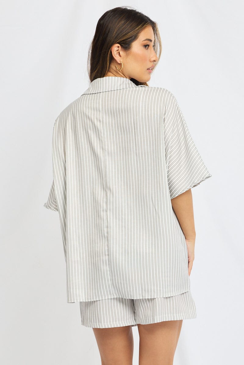 Grey Stripe Beach Set Shirt And Shorts for Ally Fashion