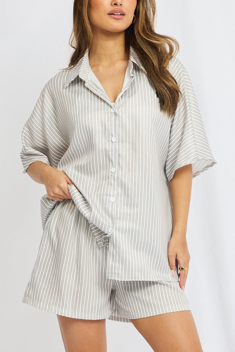 Grey Stripe Beach Set Shirt And Shorts for Ally Fashion