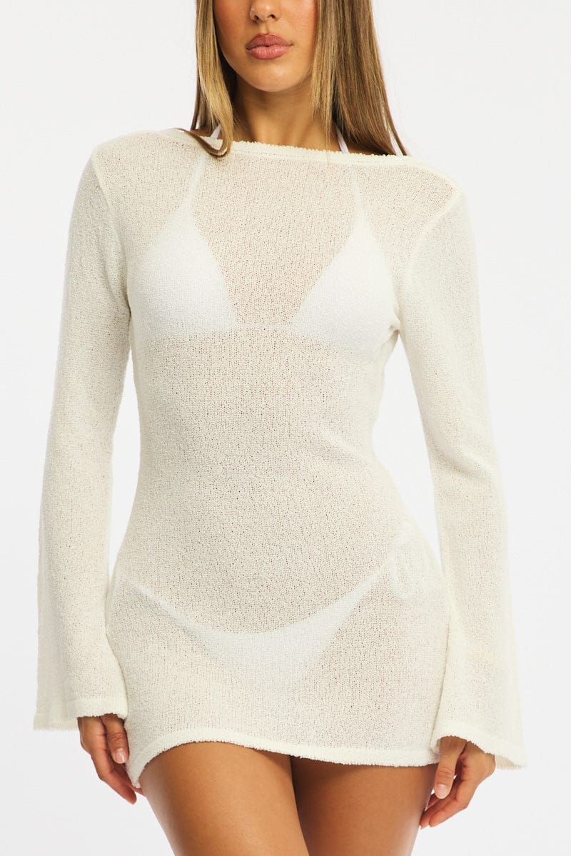 White Deep Plunge Mini Beach Dress for Ally Fashion