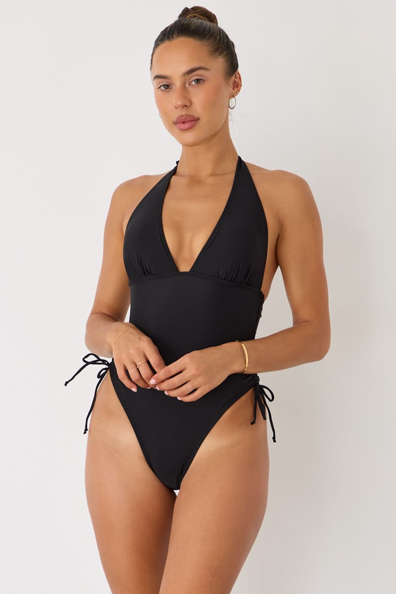 Black Polka Dot Deep V-neck One Piece Swimsuit for Ally Fashion