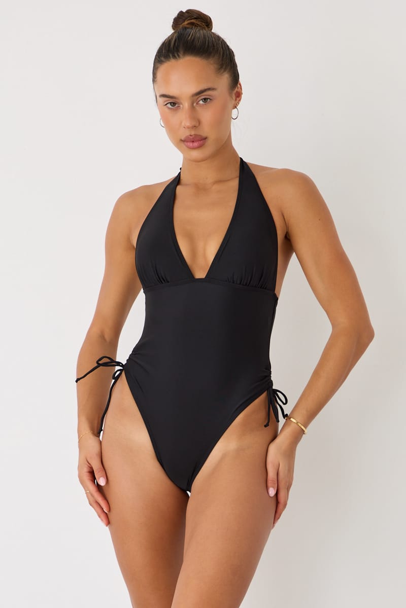 Black Polka Dot Deep V-neck One Piece Swimsuit for Ally Fashion