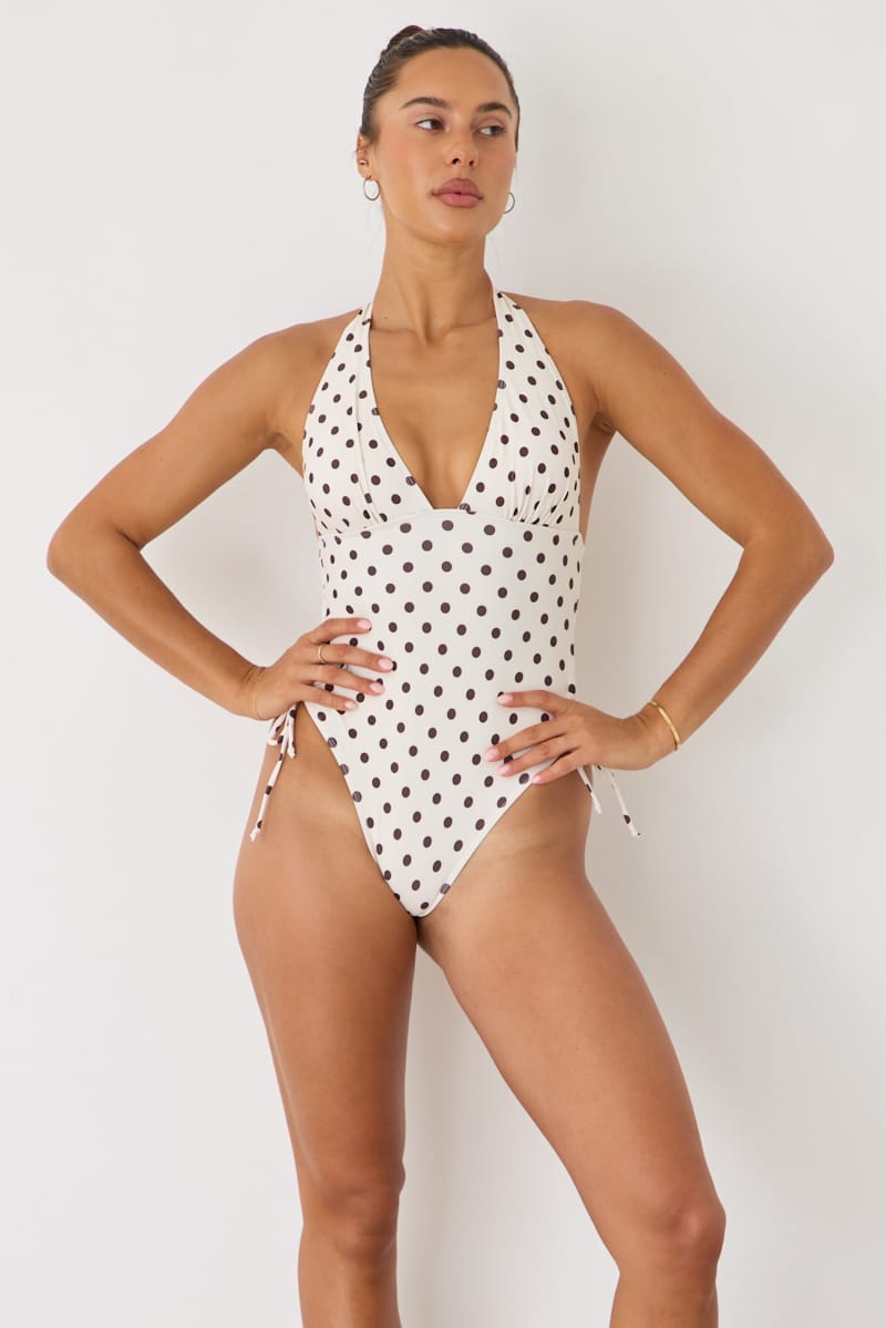 White Polka Dot Deep V-neck One Piece Swimsuit for Ally Fashion