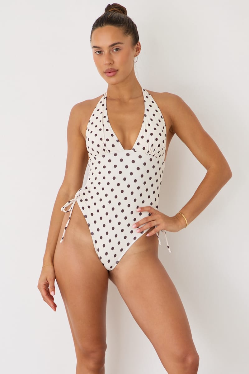 White Polka Dot Deep V-neck One Piece Swimsuit for Ally Fashion