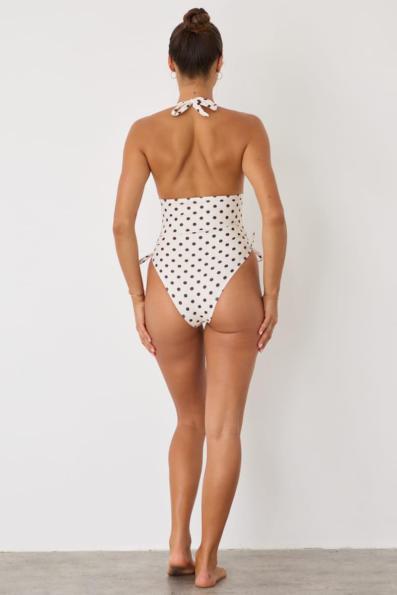 White Polka Dot Deep V-neck One Piece Swimsuit for Ally Fashion